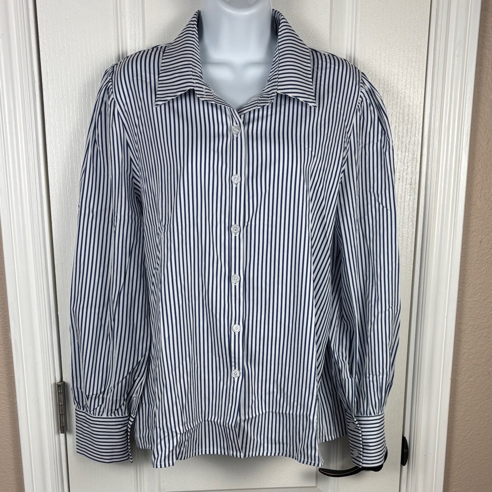 Zeagoo Women's Navy/White Striped Long Sleeve Button Up Collared Shirt Med NWT